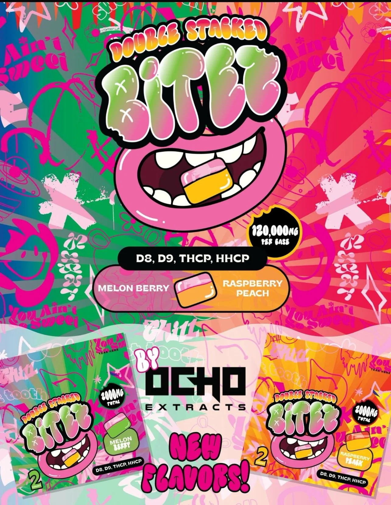 services-03 Double Stacked Bites 120000mg Display 60 2ct Packs Raspberry Peach Melon Berry Ocho 171741